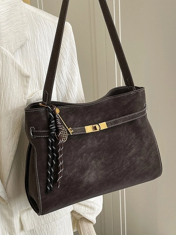 Vintage PU Leather Large Capacity Tote Bag For Women Retro Shoulder Bag With Contrast Stitching Metal Twist Lock Bag