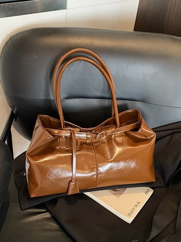 Bolso de Mano de Cuero PU Vintage para Mujer de Gran Capacidad Textura de Cera de Aceite Bolso de Hombro para Axila de Color Sólido Bolso de Compras Casual