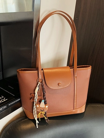 Bolso Tote de Cuero PU Vintage Forro de Poliéster Gran Capacidad para Mujer Bolso de Hombro Color Contraste Bolso de Mano Casual