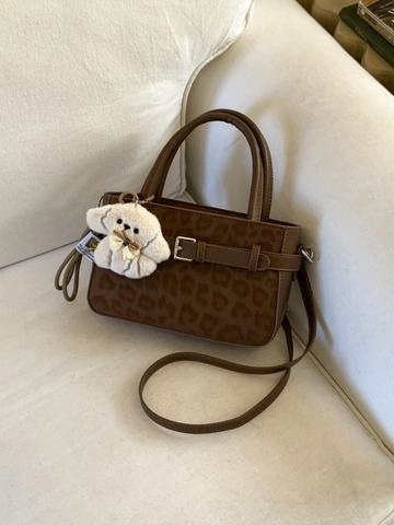 Women Leopard Print PU Leather Shoulder Bag Vintage Top Handle Handbag With Plush Puppy Charm Crossbody Purse Daily Fashion Commuting
