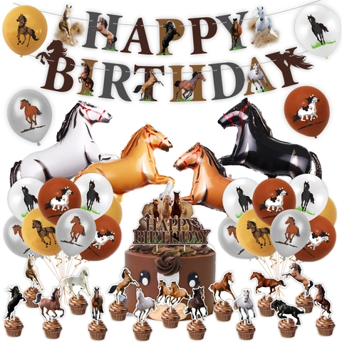 Horse Theme Birthday Party Decoration Latex Balloons Aluminum Film Balloons Banner Cake Toppers For Western Cowboy Party