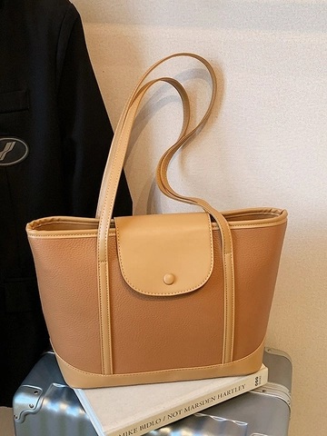 Bolso Tote de Cuero PU Vintage Forro de Poliéster Gran Capacidad para Mujer Bolso de Hombro Color Contraste Bolso de Mano Casual