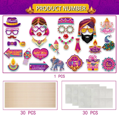 Accessori Foto Booth Diwali Decorazione Festa Festival Indiano Viola Giallo Carta Con Modelli Ganesha Diya Pavone per Arredamento Festivo