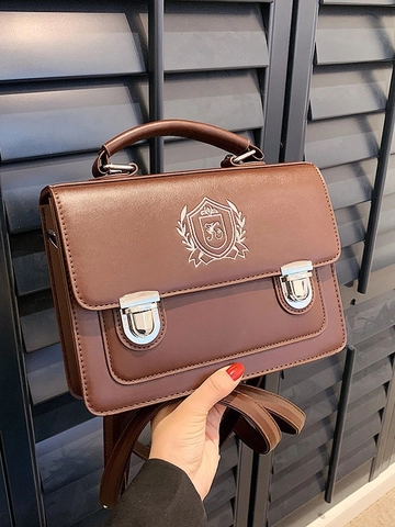 Vintage British Preppy Style PU Leather Backpack For Women Embroidered Shield Crest Satchel Bag Multi Functional Handbag