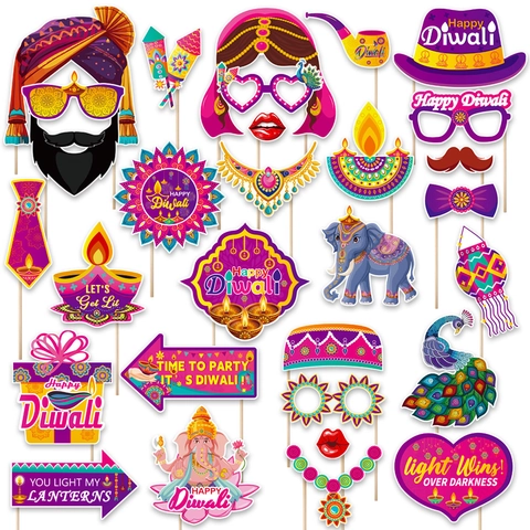 Accessori Foto Booth Diwali Decorazione Festa Festival Indiano Viola Giallo Carta Con Modelli Ganesha Diya Pavone per Arredamento Festivo