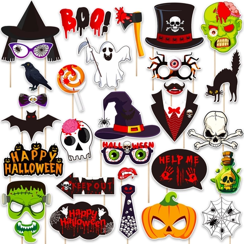 Set di 30 Accessori per Foto Booth di Halloween Con Cappello da Strega Zucca Scheletro Decorazioni Spaventose per Festa di Halloween