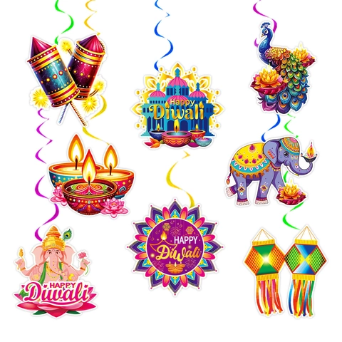 Set di Decorazioni a Spirale Sospese Diwali Include Cartone Stampato Festival Indiano Delle Luci Decorazioni per la Casa Ganesha Pavone Elefante