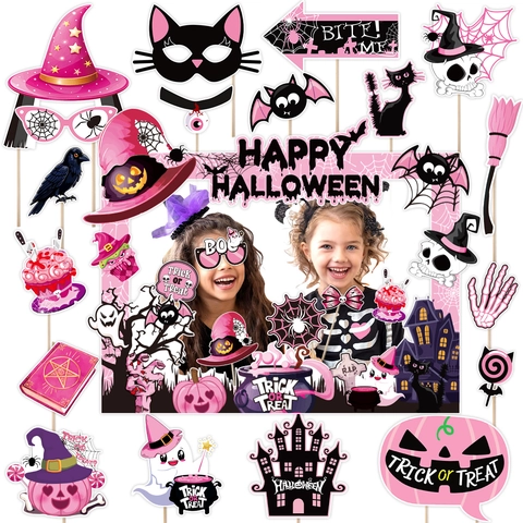 Pink Halloween Photo Booth Props Set Paper Halloween Party Decorations DIY Selfie Props With Sticks Witch Hat Pumpkin Bat