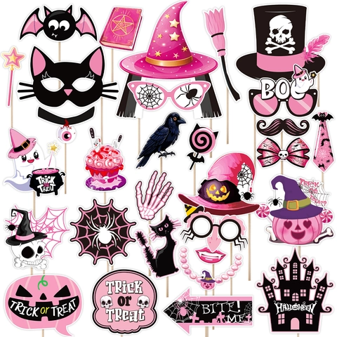 Pink Halloween Photo Booth Props Set Paper Halloween Party Decorations DIY Selfie Props With Sticks Witch Hat Pumpkin Bat