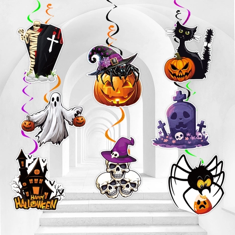 Halloween Hanging Spiral Swirl Decorations 8 Pcs Set Paper Pumpkin Ghost Skull Castle Hanging Ornaments For Party Indoor Home Decor