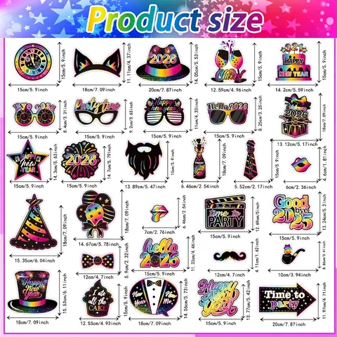 2027 Happy New Year Party Photo Booth Props Set Paper Glasses Mustache Hat On Sticks For 2027 Eve Party Decorations