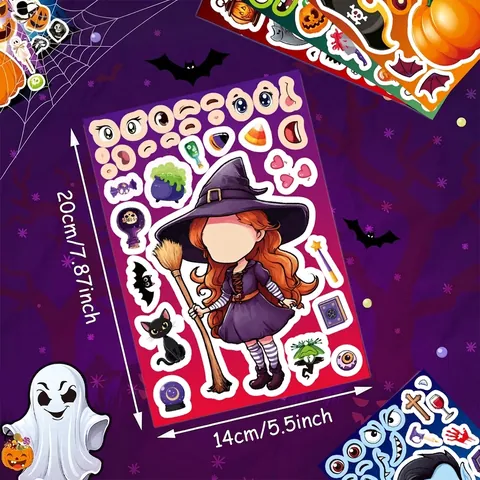 Juego de Pegatinas de Personajes de Dibujos Animados DIY de Halloween Calabaza Fantasma Bruja Murciélago Rompecabezas Facial Pegatinas Decorativas