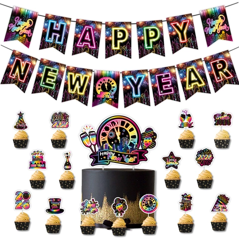 Happy New Year Banner And Cake Toppers Neon Fireworks Cityscape Theme Paper Party Celebration Supplies Decor
