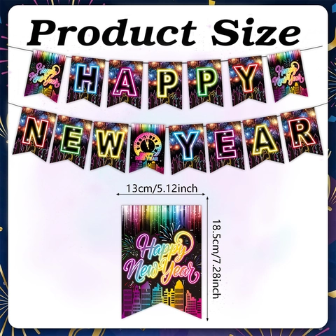 Happy New Year Banner And Cake Toppers Neon Fireworks Cityscape Theme Paper Party Celebration Supplies Decor