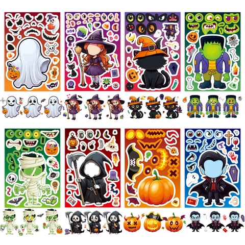 Juego de Pegatinas de Personajes de Dibujos Animados DIY de Halloween Calabaza Fantasma Bruja Murciélago Rompecabezas Facial Pegatinas Decorativas