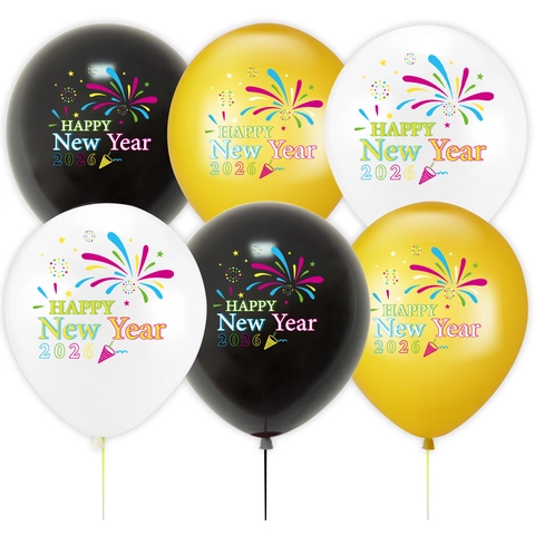 Happy New Year 2027 Party Balloons Latex Fireworks Print Round Balloons Black Gold White New Year Eve Party Decorations
