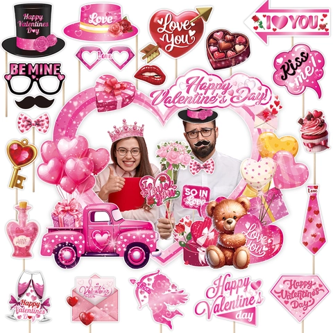 Valentine's Day Party Photo Booth Props Set Heart Shape Photo Frame Pink Red Cardboard Lips Glasses Party Decorations
