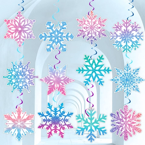12 Pièces Décorations de Spirales Suspendues de Flocon de Neige de Noël Papier Dégradé Pailleté Ornements de Plafond de Fête