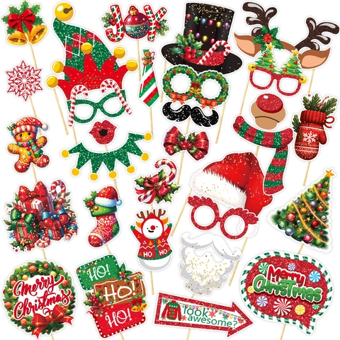 Weihnachten Foto-Requisiten Für Feiertags-Party Dekorationen Lustige Weihnachtsmann Rentier Schneemann Papier Handheld Dekorationen