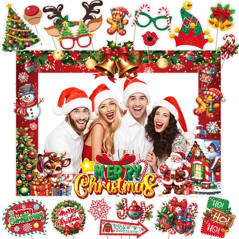 Christmas Party Photo Booth Props Set Cardboard Merry Christmas Photo Frame Funny Holiday DIY Decorations For Kids Adults