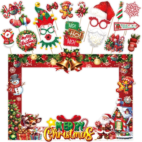 Christmas Party Photo Booth Props Set Cardboard Merry Christmas Photo Frame Funny Holiday DIY Decorations For Kids Adults
