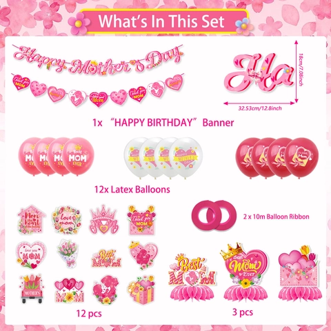 Pink Mother's Day Party Decoration Happy Mother's Day Banner Hanging Swirls Honeycomb Centerpiece Heart Pattern Paper Decor