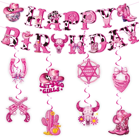 Décoration de Fête d'Anniversaire Western Cowgirl Rose Bannière Happy Birthday à Paillettes Roses Ensemble de Tourbillons Suspendus