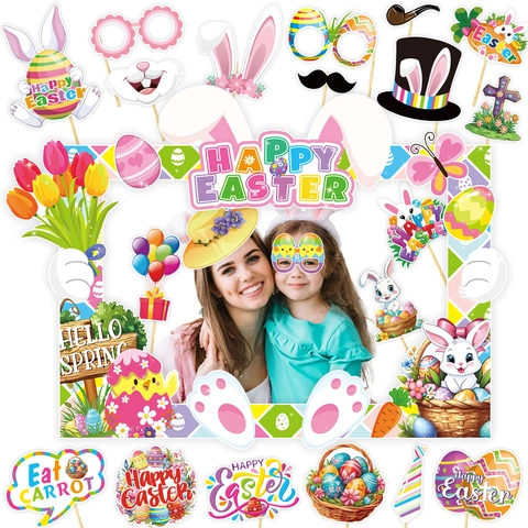 Pasen Fotobooth Rekwisieten Set Konijnenoren Ei Bloem Papier Selfie Frame Handheld Rekwisieten Voor Pasen Feest Decoraties