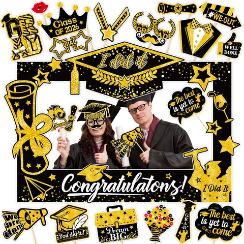 Set Accessori Cabina Fotografica Festa Laurea Classe 2026 Nero Oro Glitter Cartone Cornice Laurea Decorazione