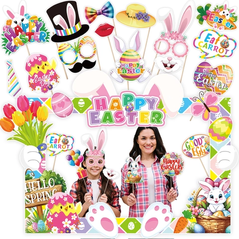 Kit Accessoires Photobooth Pâques Oreilles Lapin Œuf Fleur Papier Cadre Selfie Accessoires pour Décorations de Fête