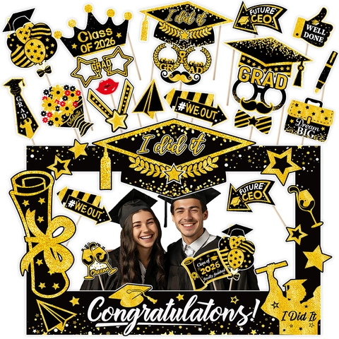 Set Accessori Cabina Fotografica Festa Laurea Classe 2026 Nero Oro Glitter Cartone Cornice Laurea Decorazione