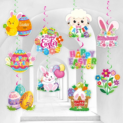 Osterdekoration Hängespiralen Ornamente Cartoon Hase Küken Ei Muster Farbkarton PVC Deko Für Heimfeier Feiertage