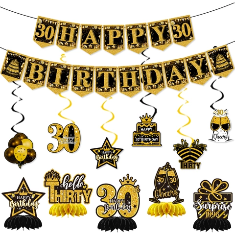 Decorazione di Compleanno Oro Nero Striscione Happy Birthday Spirali Sospese Centrotavola a Nido d'Ape Per Anniversario Festa