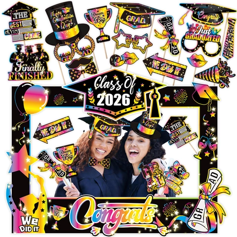 2026 Oggetti di Scena per Foto di Laurea Multicolore Congratulazioni Laureato Cornice in Cartoncino Bianco Decorazione Cerimonia