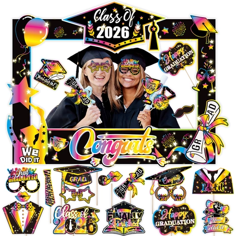 2026 Oggetti di Scena per Foto di Laurea Multicolore Congratulazioni Laureato Cornice in Cartoncino Bianco Decorazione Cerimonia