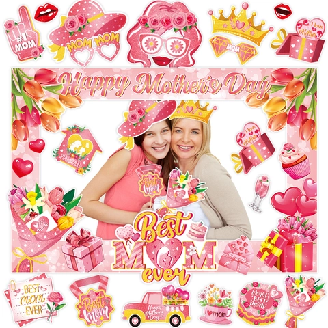 Mother's Day Photo Booth Props Set Printed Paper Happy Mother's Day Best Mom Ever Photo Frame For Family Party Decoration