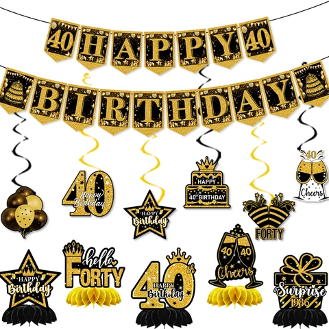 Decorazione di Compleanno Oro Nero Striscione Happy Birthday Spirali Sospese Centrotavola a Nido d'Ape Per Anniversario Festa
