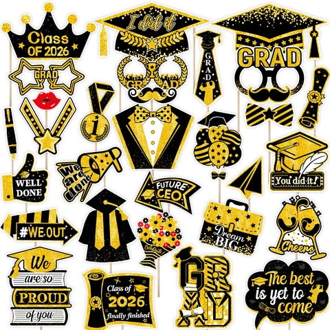 Juego de Accesorios de Fotomatón para Fiesta de Graduación 2026 Decoraciones de Cartón con Purpurina para Escuela