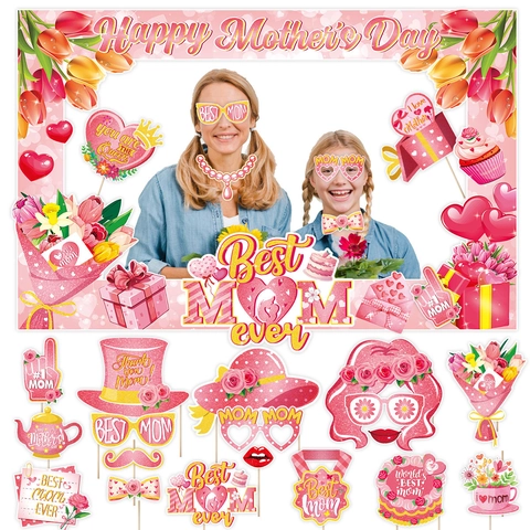 Mother's Day Photo Booth Props Set Printed Paper Happy Mother's Day Best Mom Ever Photo Frame For Family Party Decoration