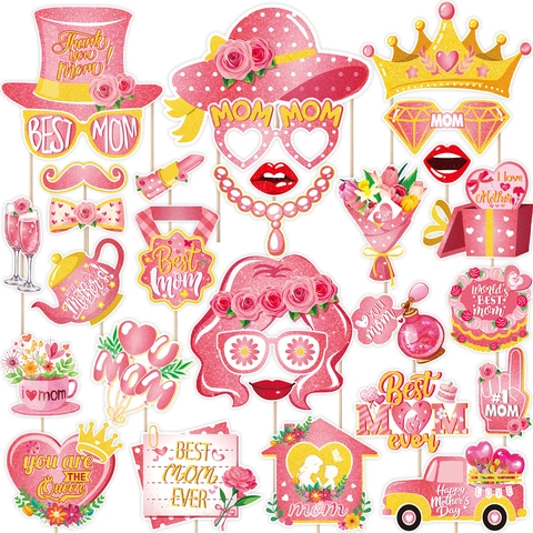 Kit di Oggetti di Scena per Foto per la Festa della Mamma Best Mom Ever Maschera di Cartoncino Corona Occhiali Decorazione