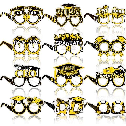Gafas Decorativas para Fiesta de Graduación Negro Oro Purpurina 2026 Grad Accesorios para Fotos Gafas de Papel para Graduación