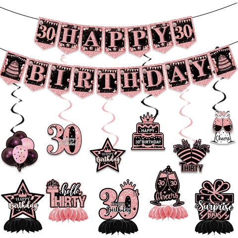 Set Decorazioni Festa Compleanno Oro Rosa Banner Glitterati Riccioli Appesi Centrotavola a Nido d'Ape Milestones