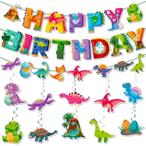 Dinosaur Theme Birthday Party Decoration Set Happy Birthday Banner Cartoon Dino Spiral Hanging Pendants For Kids Room Nursery Home Decor