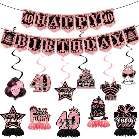 Set Decorazioni Festa Compleanno Oro Rosa Banner Glitterati Riccioli Appesi Centrotavola a Nido d'Ape Milestones