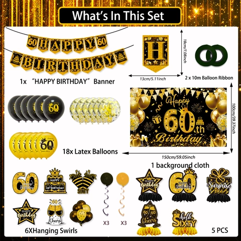 Set Decorazioni Compleanno Nero Oro Con Banner Happy Birthday Sfondo Palloncini Lattice Centrotavola a Nido d'Ape Spirali Appese per Anniversario