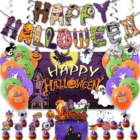 Halloween Party Decoraties Latex Ballonnen Papieren Banner Cake Toppers Achtergrond Pompoen Spook Schedel Horror Thema Ornamenten