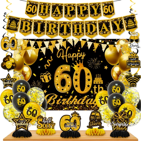 Set Decorazioni Compleanno Nero Oro Con Banner Happy Birthday Sfondo Palloncini Lattice Centrotavola a Nido d'Ape Spirali Appese per Anniversario