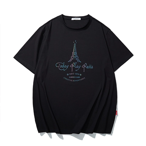 Heren Grote Maten Katoenen T-Shirt Parijs Eiffeltoren Print Korte Mouw Los Casual Zomer Ronde Hals Top