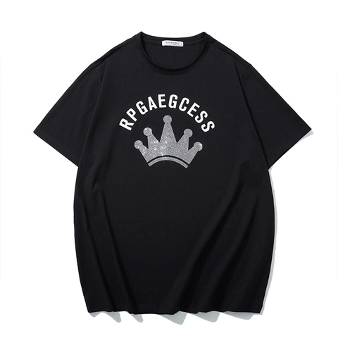 Men Plus Size Cotton Rhinestone Crown Printed T-Shirt Short Sleeve Casual Loose Streetwear Summer Tee Top