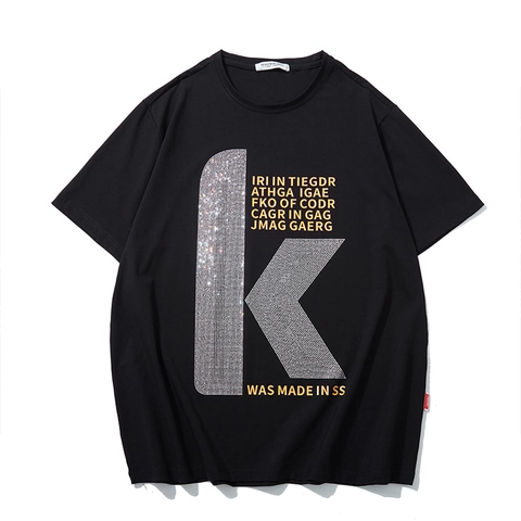 Damen Plus Size Baumwolle T-Shirt Streetwear Heißfixierte Strasssteine Buchstabe K Bedruckt Kurzarm Locker Atmungsaktiv Lässig Hip Hop Tee Top